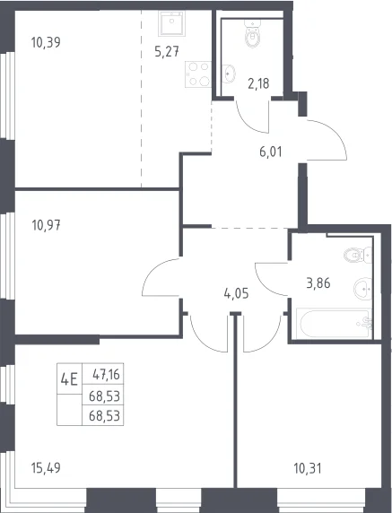 Планировка: Квартира евро-4 68,5 м² в ЖК «Пригород Лесное»