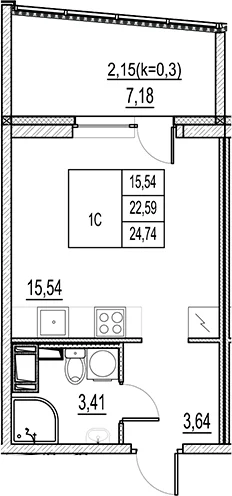 Планировка: Студия 22,6 м² в ЖК «Город-спутник Южный»