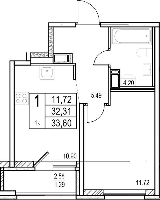 Планировка: Евродвушка 32,3 м² в ЖК «ID Murino III»