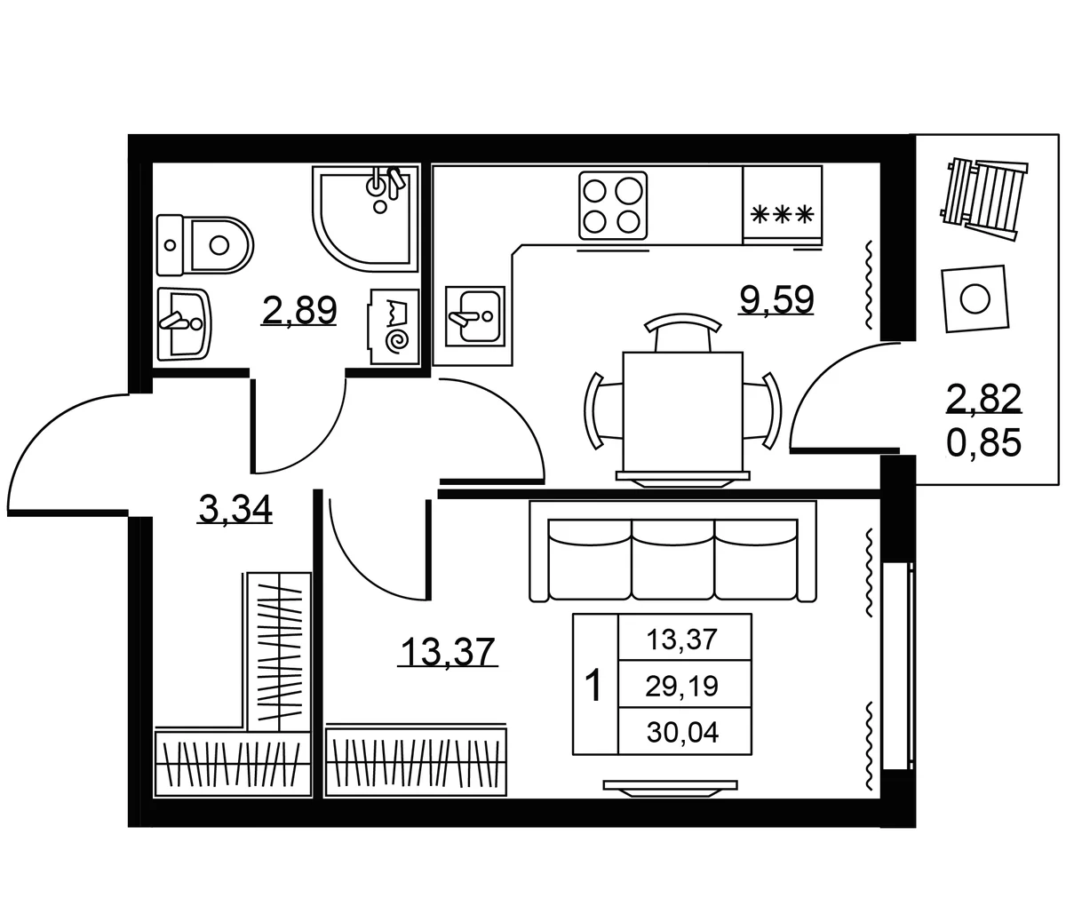 Планировка: 1-комнатная квартира 29,2 м² в ЖК «Пулковское, 34»