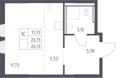 Планировка: Студия 26,1 м² в ЖК «Пригород Лесное»