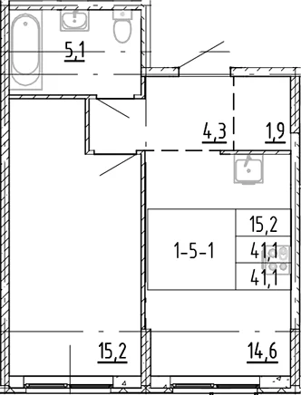 Планировка: 1-комнатная квартира 41,1 м² в ЖК «Ягодное Река Парк»