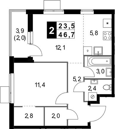 Планировка: Евродвушка 44,7 м² в ЖК «1-й Измайловский»