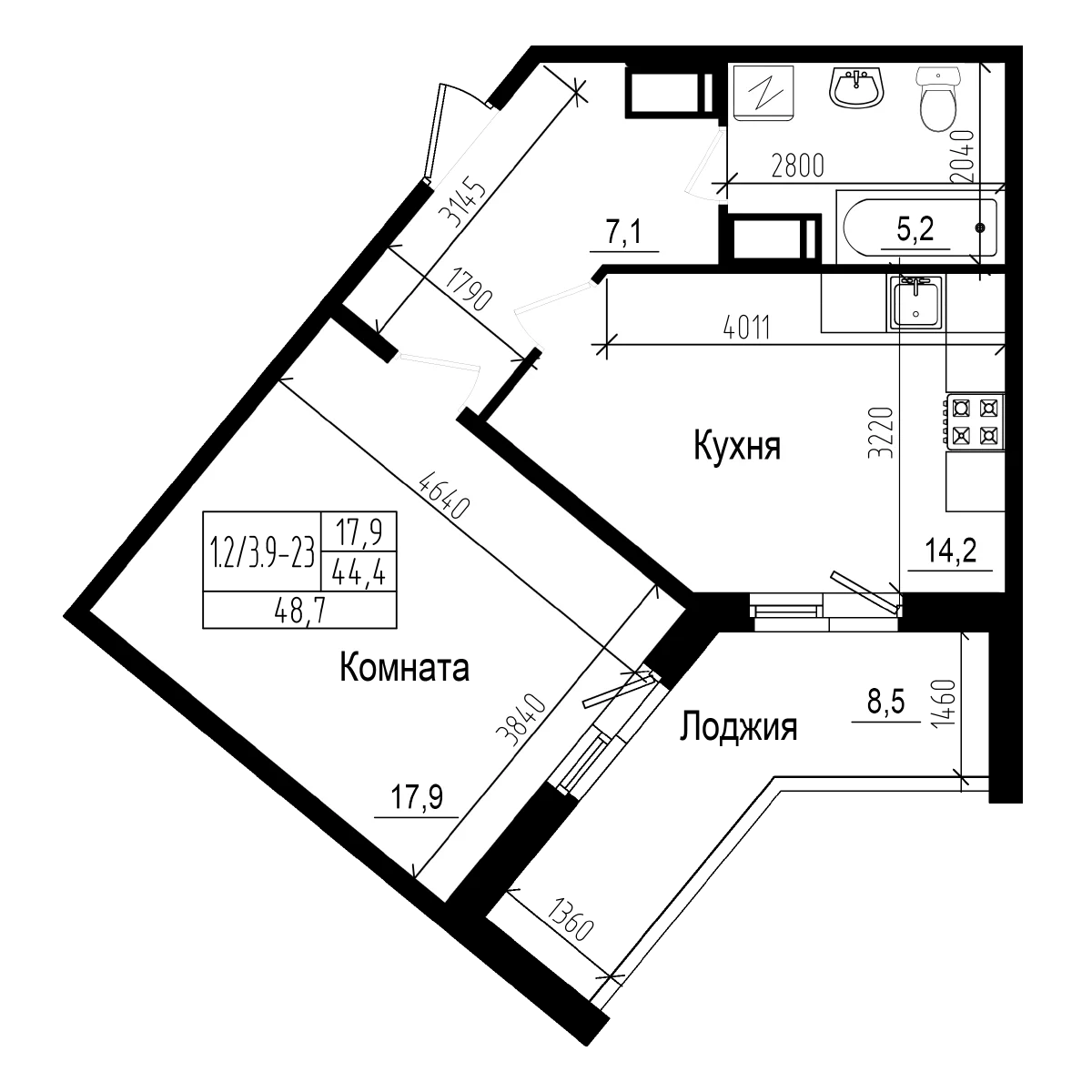 Планировка: 1-комнатная квартира 44,4 м² в ЖК «Прагма Сити»