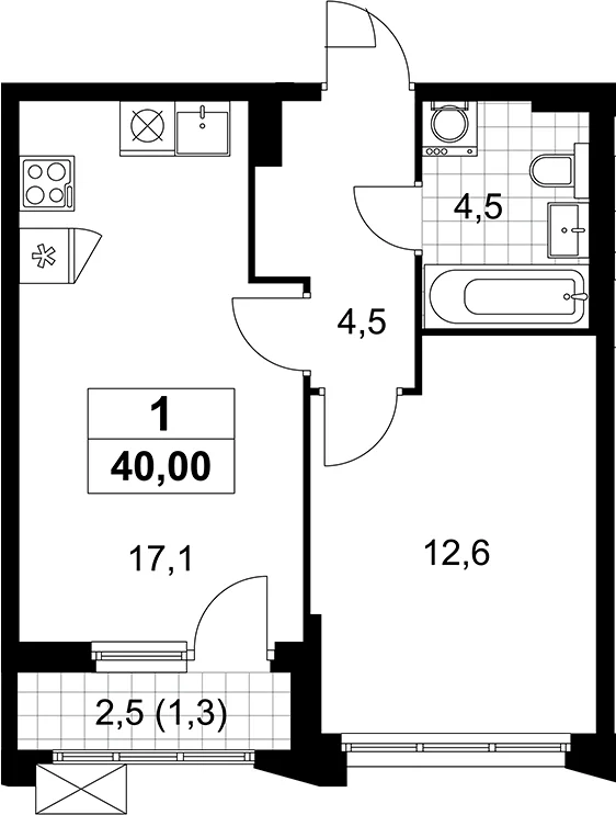 Планировка: Евродвушка 38,7 м² в ЖК «Деснаречье»