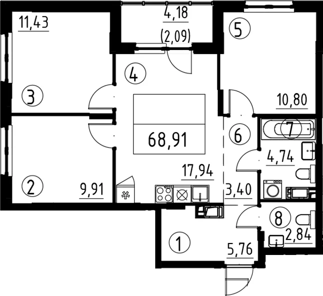 Планировка: Квартира евро-4 66,8 м² в ЖК «А101 Лаголово»