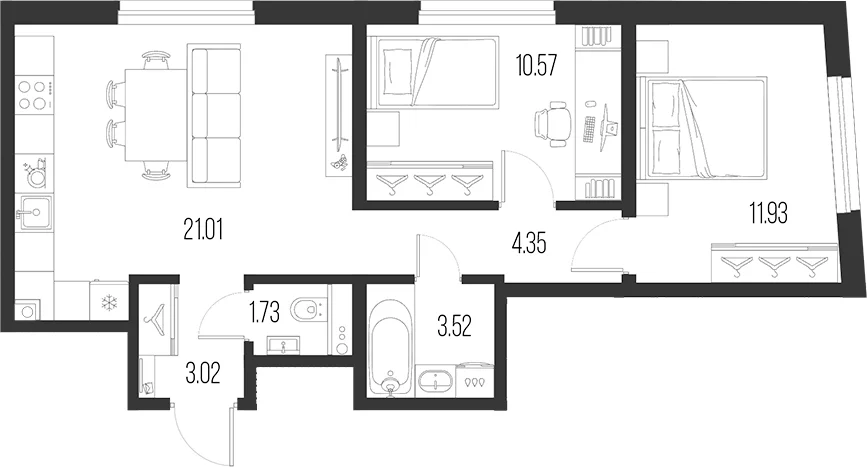Планировка: Евротрёшка 56,1 м² в ЖК «Новая земля»