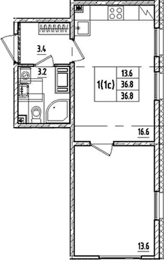 Планировка: Евродвушка 36,8 м² в ЖК «Октябрьская набережная»