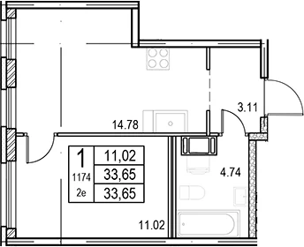 Планировка: Евродвушка 33,7 м² в ЖК «ID Murino III»