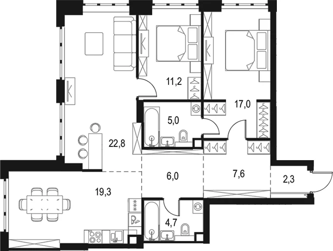 Планировка: Квартира евро-4 95,9 м² в ЖК «Левел Южнопортовая»