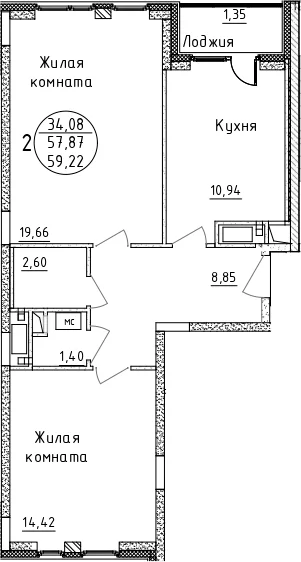Планировка: 2-комнатная квартира 57,9 м² в ЖК «Дом Союзов»