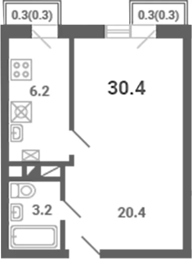 Планировка: 1-комнатная квартира 29,8 м² в ЖК «Южная Долина»