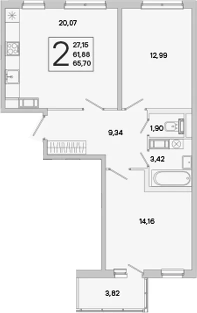 Планировка: 2-комнатная квартира 61,9 м² в ЖК «ЮгТаун. Олимпийские кварталы»
