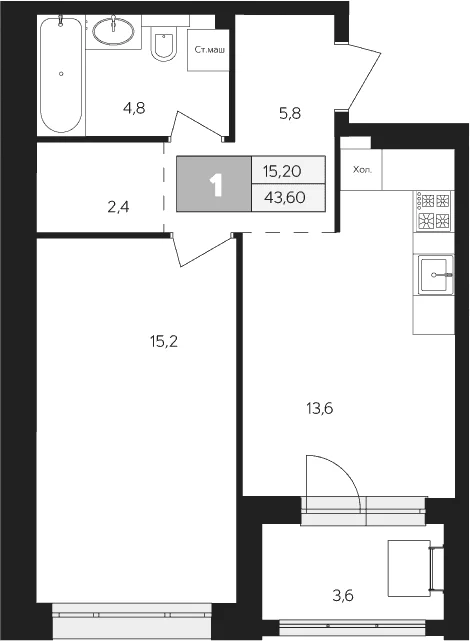Планировка: 1-комнатная квартира 41,8 м² в ЖК «Ласточкино»