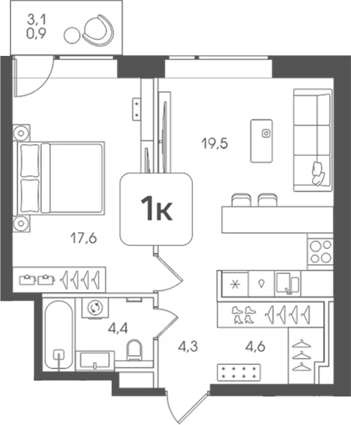 Планировка: 1-комнатная квартира 50,4 м² в ЖК «Мангазея на Речном»