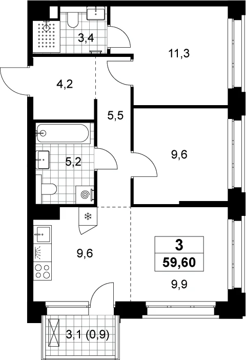 Планировка: Евротрёшка 58,7 м² в ЖК «Хольм»