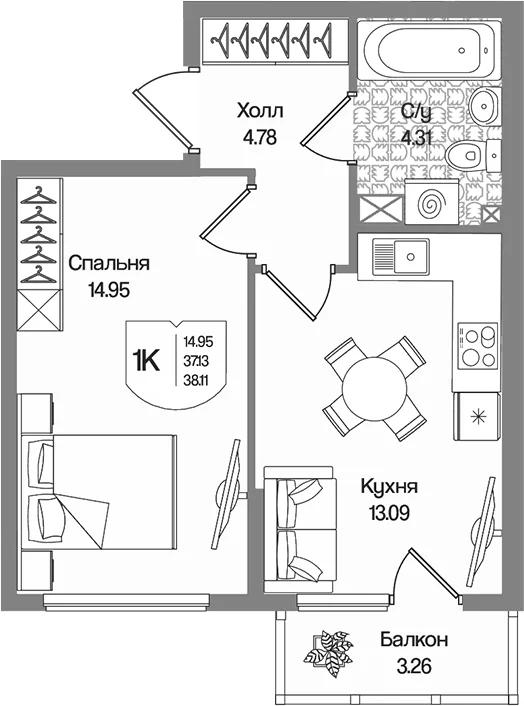 Планировка: 1-комнатная квартира 37,1 м² в ЖК «Охтинские высоты»
