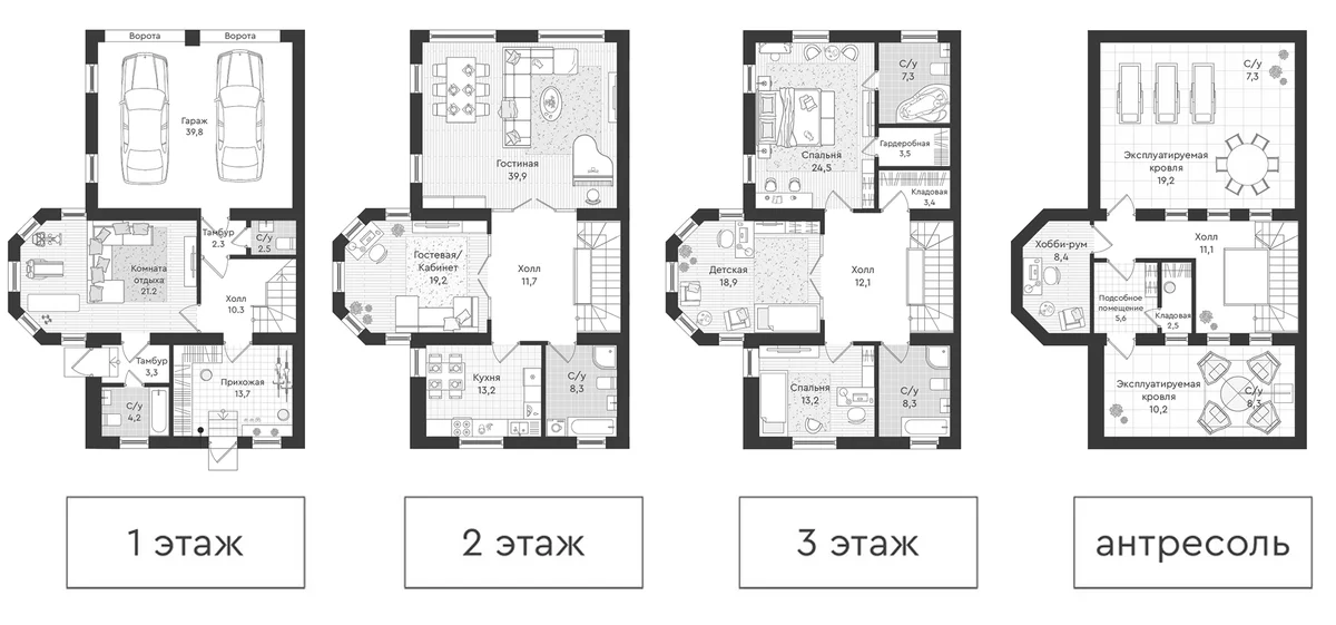 Планировка: Таунхаус 308,4 м² в ЖК «Охта Вилладж»