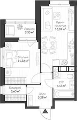 Планировка: Евродвушка 39,8 м² в ЖК «ВЕРЕН НОРТ Cертолово»