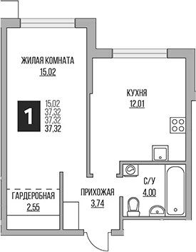 Планировка: Евродвушка 37,3 м² в ЖК «Гранель Притяжение Сити»