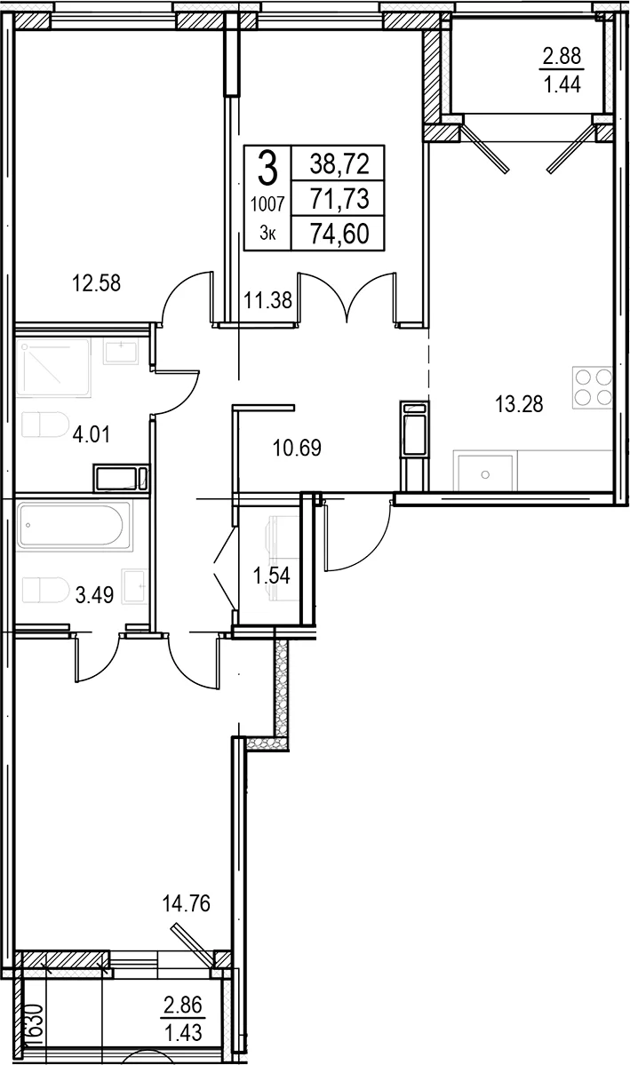 Планировка: 3-комнатная квартира 71,7 м² в ЖК «ID Murino III»