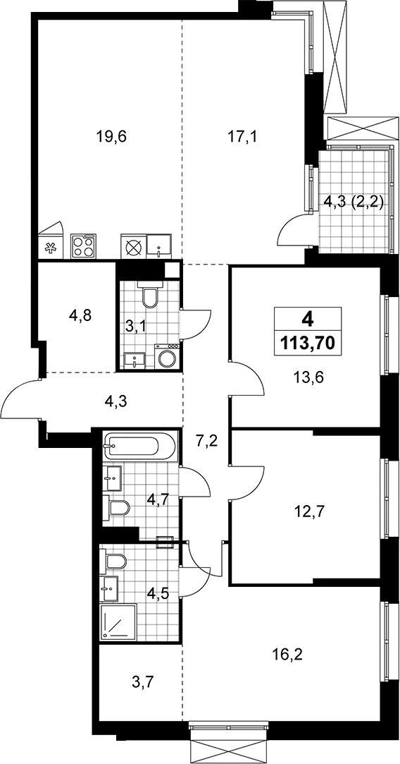 Планировка: Квартира евро-4 111,5 м² в ЖК «Дзен-кварталы»