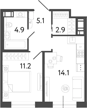 Планировка: 1-комнатная квартира 38,2 м² в ЖК «Передвижники 2»