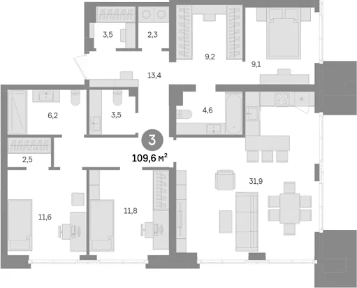 Планировка: 3-комнатная квартира 109,6 м² в ЖК «Квартал Издание»