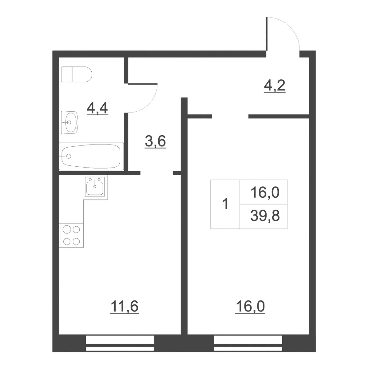 Планировка: 1-комнатная квартира 40,5 м² в ЖК «Дом на набережной. Атлантика»