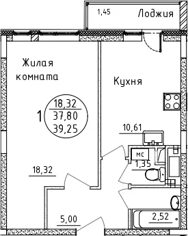 Планировка: 1-комнатная квартира 37,8 м² в ЖК «Дом Союзов»