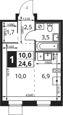 Планировка: Студия 25,2 м² в ЖК «1-й Ясеневский»