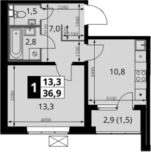 Планировка: 1-комнатная квартира 35,4 м² в ЖК «1-й Южный»