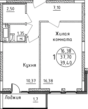 Планировка: 1-комнатная квартира 37,7 м² в ЖК «Дом Союзов»