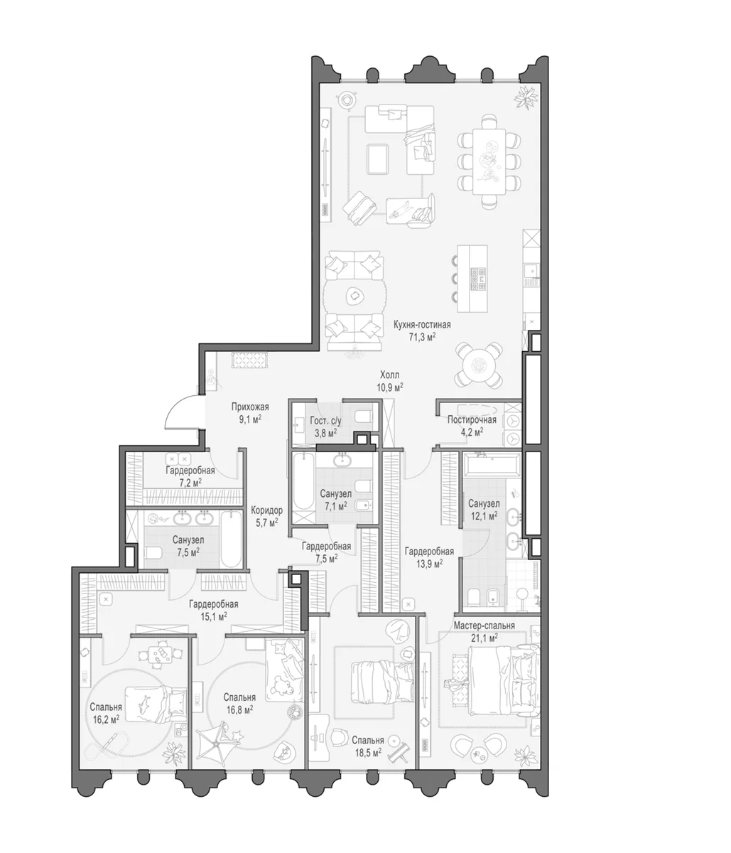 Планировка: Квартира евро-5 249,7 м² в ЖК «Клубный квартал Фрунзенский»