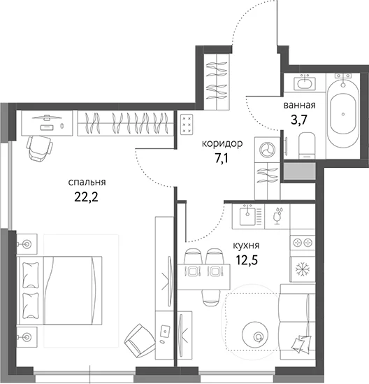 Планировка: 1-комнатная квартира 45,5 м² в ЖК «Сиреневый парк»