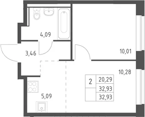 Планировка: Евродвушка 32,9 м² в ЖК «Егорово парк»