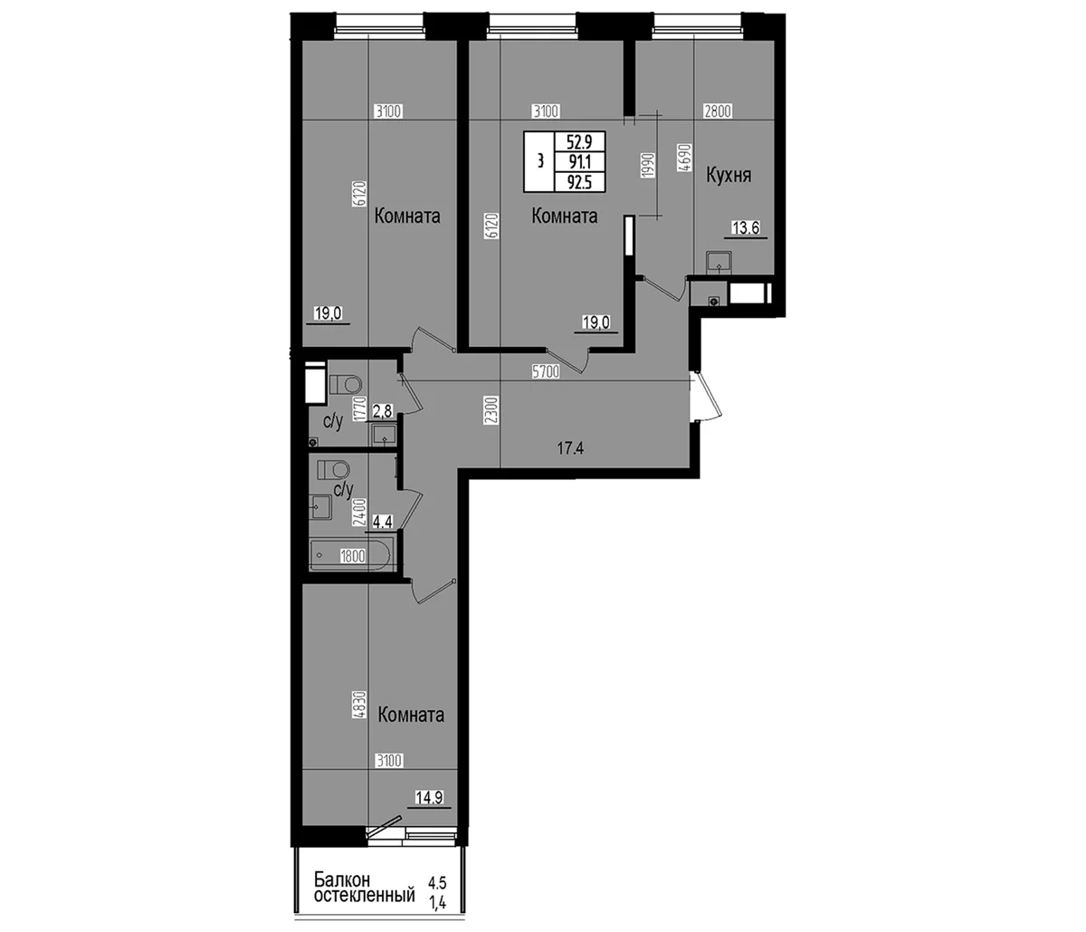 Планировка: 3-комнатная квартира 91,1 м² в ЖК «Прагма Сити»