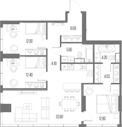 Планировка: 3-комнатная квартира 96,4 м² в ЖК «Северный Порт»