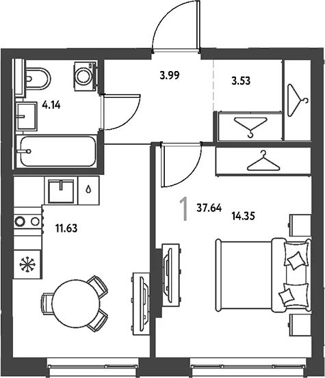 Планировка: 1-комнатная квартира 37,6 м² в ЖК «Страна.Парковая»