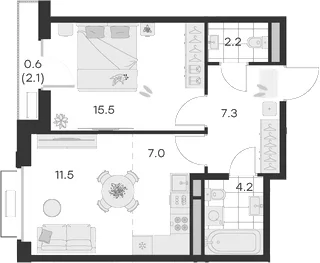 Планировка: Евродвушка 47,7 м² в ЖК «Михалевич»