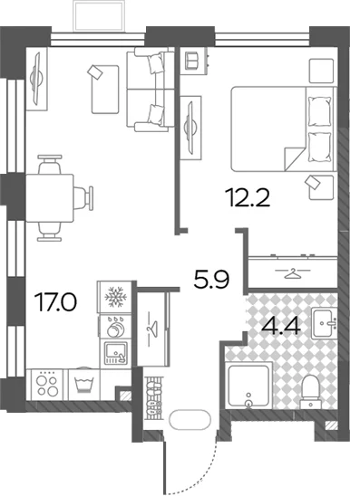 Планировка: Евродвушка 39,5 м² в ЖК «Лучи»