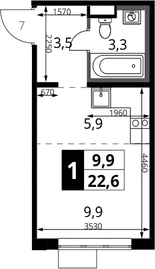 Планировка: Студия 22,6 м² в ЖК «1-й Химкинский»