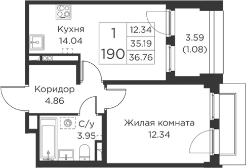 Планировка: 1-комнатная квартира 35,2 м² в ЖК «Кронфорт»