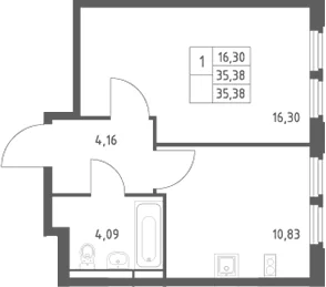 Планировка: 1-комнатная квартира 35,4 м² в ЖК «Космический Квартал»