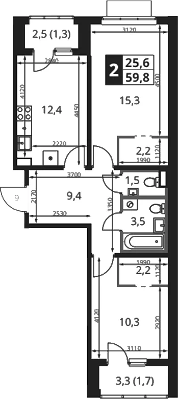 Планировка: 2-комнатная квартира 56,8 м² в ЖК «1-й Ясеневский»