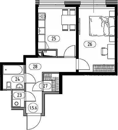 Планировка: 1-комнатная квартира 44,6 м² в ЖК «Кинетик. Резиденции на Дмитровском»