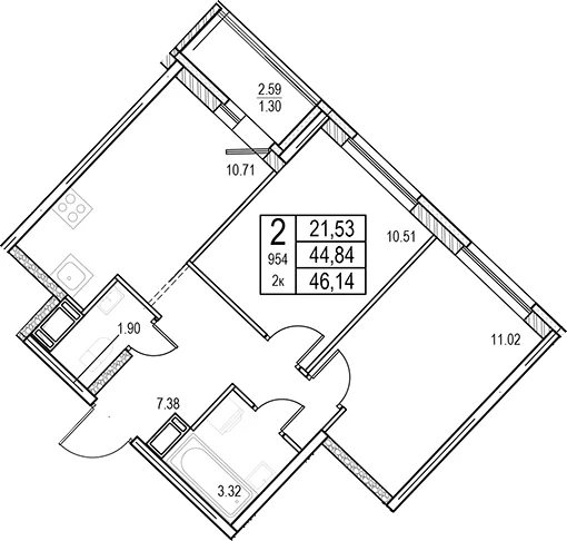 Планировка: 2-комнатная квартира 44,8 м² в ЖК «ID Murino III»