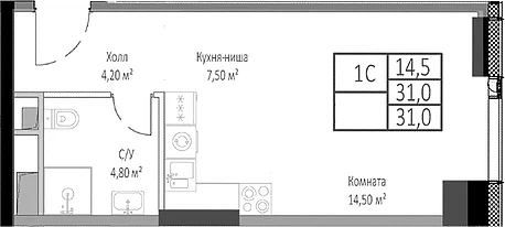 Планировка: Студия 31 м² в ЖК «Мираполис»