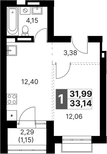 Планировка: 1-комнатная квартира 32 м² в ЖК «Жаворонки Клаб»