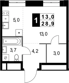 Планировка: Студия 28,9 м² в ЖК «1-й Измайловский»
